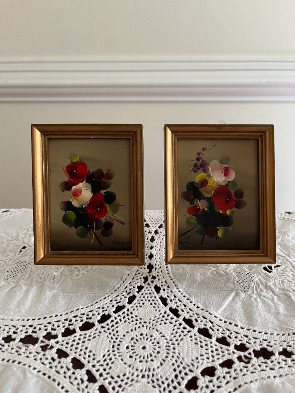 Pair of vintage framed & signed miniature oil paintings floral bouquet